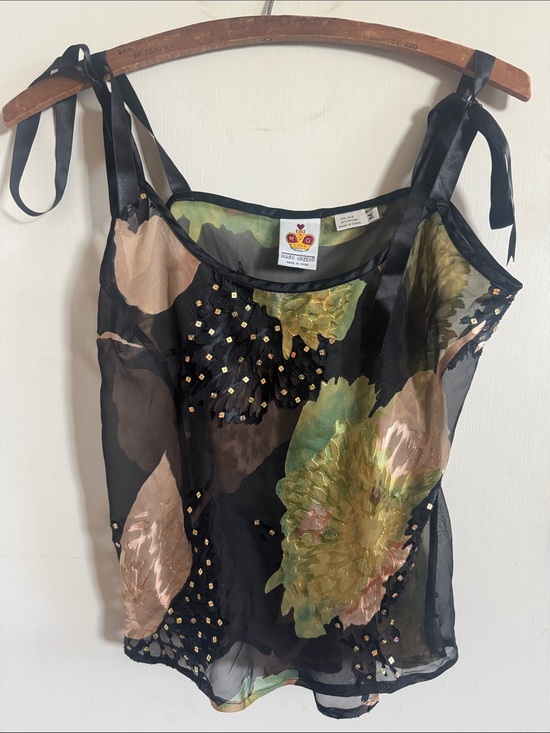 Mary Green Tops - Sheer Silk Black Floral Tie-Strap Camisole